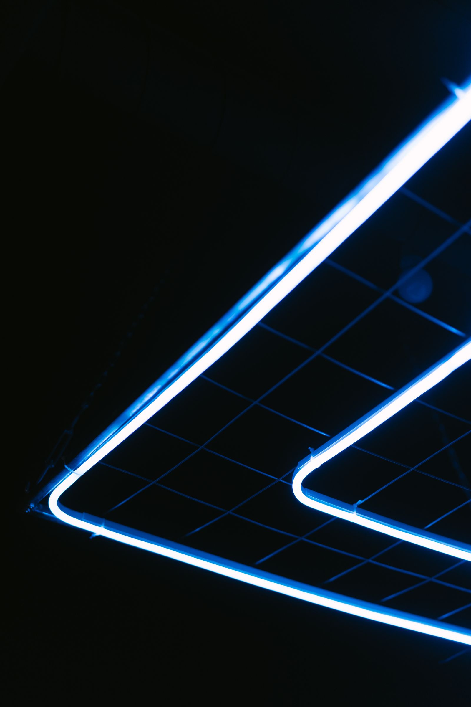 Parallel strips of blue light receding along a dark ceiling