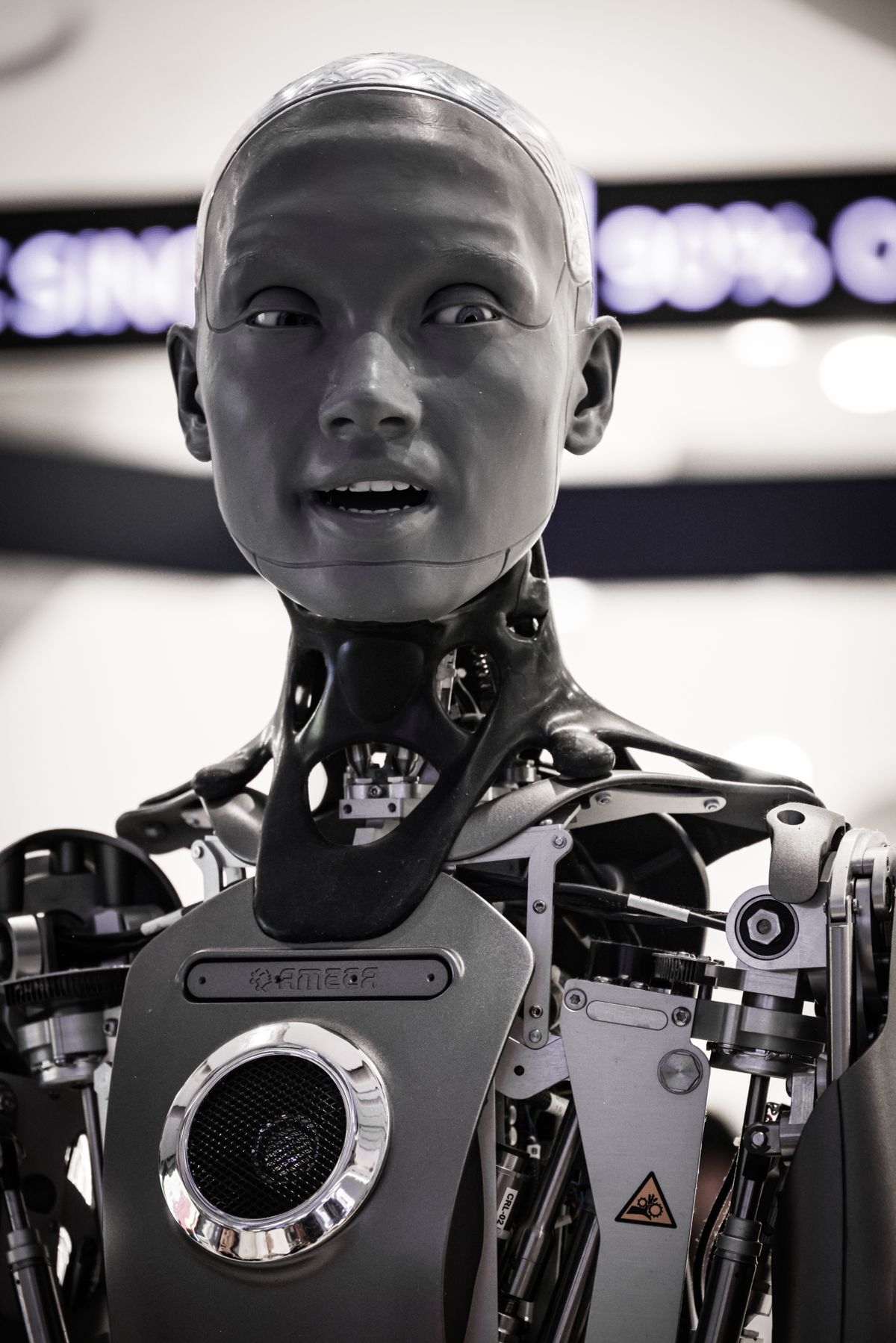 Close-up of a humanoid robot’s mechanical neck and jaw