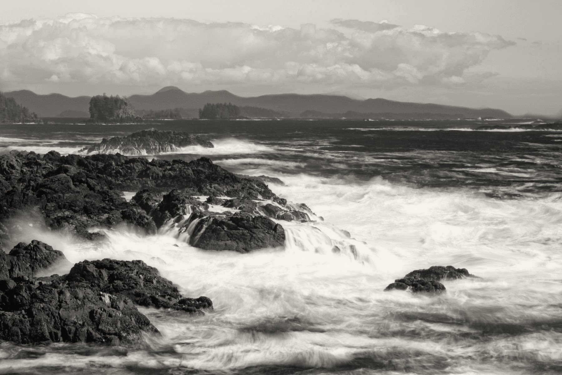Waves breaking on a rocky shore