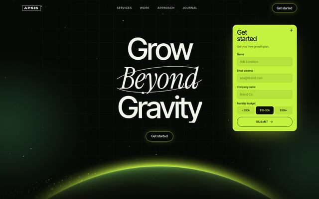 Apsis three.js planet hero & lead form screenshot