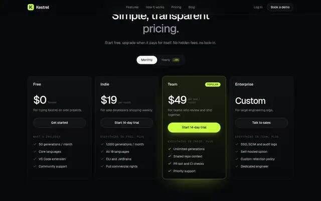 Kestrel pricing screenshot