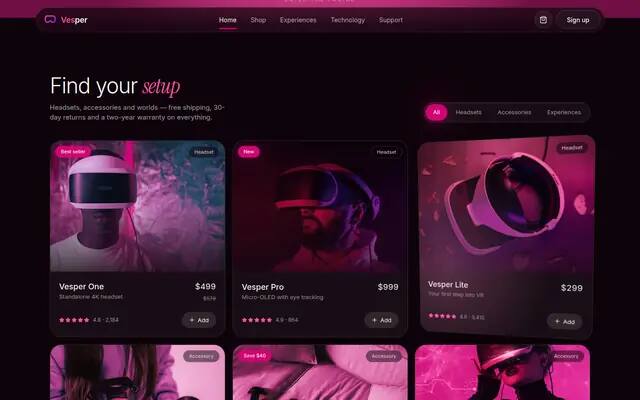 Vesper tilt-card shop screenshot