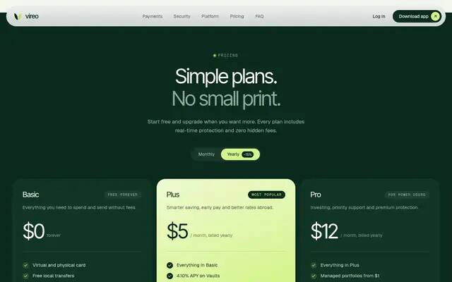 Vireo pricing screenshot